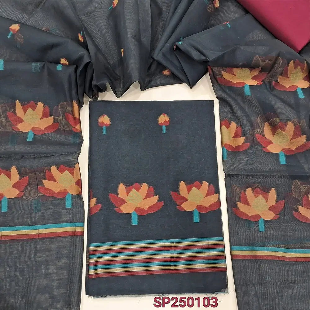 Black jamdani woven premium chanderi silk cotton unstitched salwar material(thin, lining needed)maroon cotton bottom, jamdani woven chanderi silk cotton full length dupatta. CODE SP250103