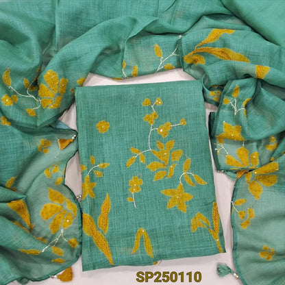 Sage green digital printed tissue linen unstitched salwar material, v neck, thread work on front(thin, lining needed)matching santoon bottom, digital printed tissue linen dupatta with hand embroidery. CODE SP250110