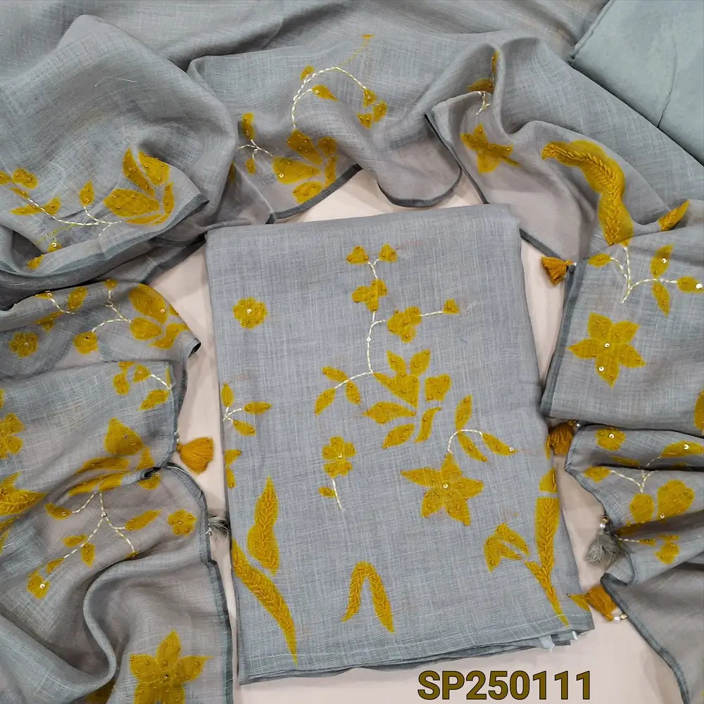 Light grey digital printed tissue linen unstitched salwar material, v neck, thread work on front(thin, lining needed)matching santoon bottom, digital printed tissue linen dupatta with hand embroidery. CODE SP250111