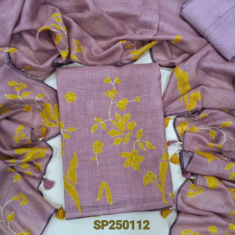 Dark onion pink digital printed tissue linen unstitched salwar material, v neck, thread work on front(thin, lining needed)matching santoon bottom, digital printed tissue linen dupatta with hand embroidery. CODE SP250112