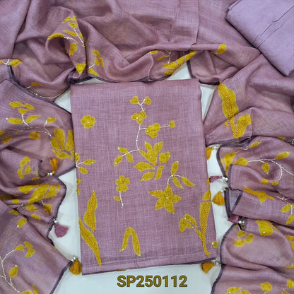 Dark onion pink digital printed tissue linen unstitched salwar material, v neck, thread work on front(thin, lining needed)matching santoon bottom, digital printed tissue linen dupatta with hand embroidery. CODE SP250112
