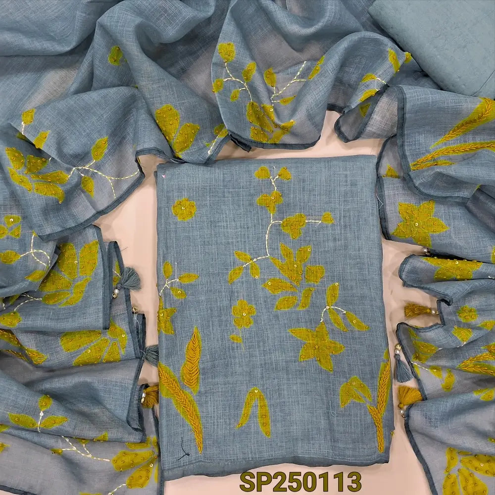 Light bluish grey digital printed tissue linen unstitched salwar material, v neck, thread work on front(thin, lining needed)matching santoon bottom, digital printed tissue linen dupatta with hand embroidery. CODE SP250113