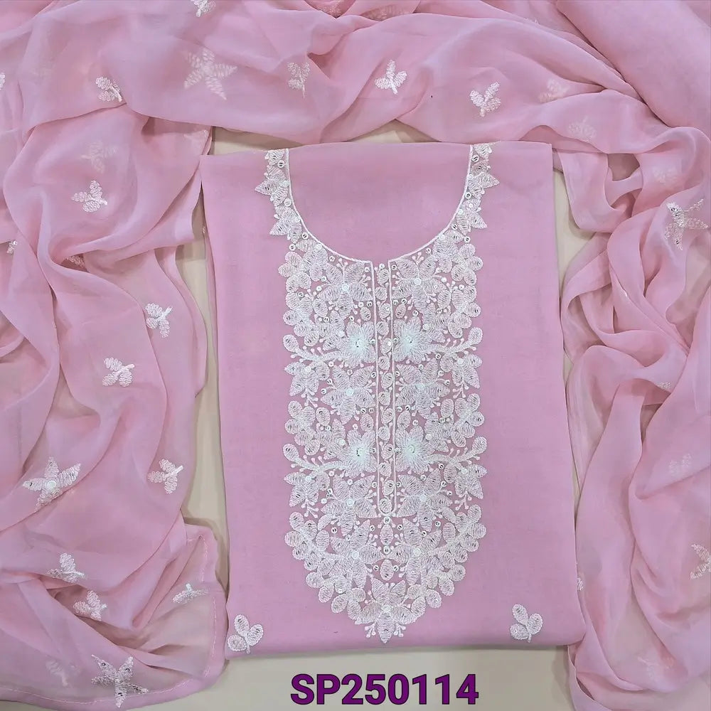 Pastel pink premium georgette unstitched salwar material, embroidery& sequins work on yoke& front(thin, lining needed)matching santoon bottom, embroidered premium chiffon dupatta. CODE SP250114