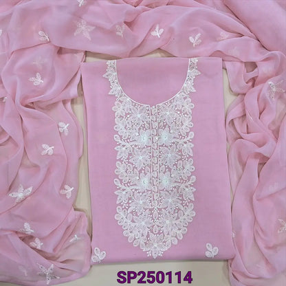 Pastel pink premium georgette unstitched salwar material, embroidery& sequins work on yoke& front(thin, lining needed)matching santoon bottom, embroidered premium chiffon dupatta. CODE SP250114