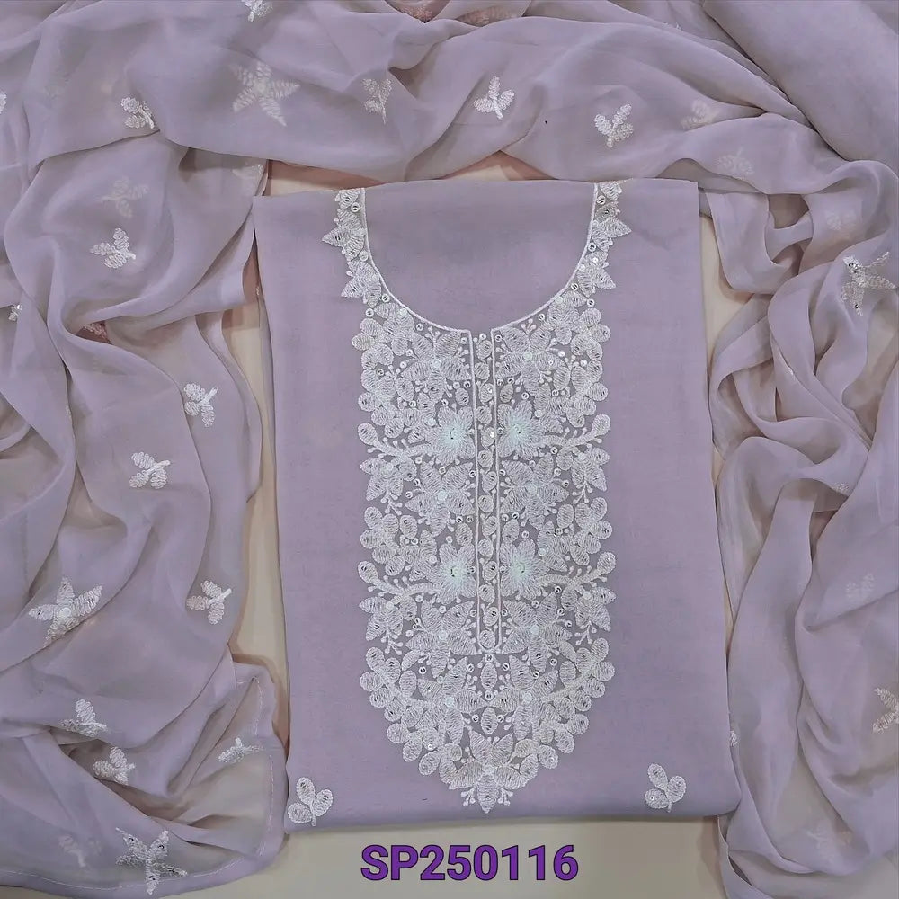 Lavender premium georgette unstitched salwar material, embroidery& sequins work on yoke& front(thin, lining needed)matching santoon bottom, embroidered premium chiffon dupatta. CODE SP250116