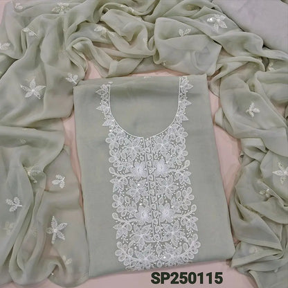 Pale green premium georgette unstitched salwar material, embroidery& sequins work on yoke& front(thin, lining needed)matching santoon bottom, embroidered premium chiffon dupatta. CODE SP250115