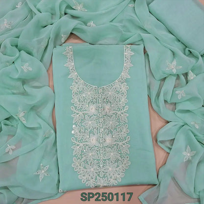 Pastel blue premium georgette unstitched salwar material, embroidery& sequins work on yoke& front(thin, lining needed)matching santoon bottom, embroidered premium chiffon dupatta. CODE SP250117
