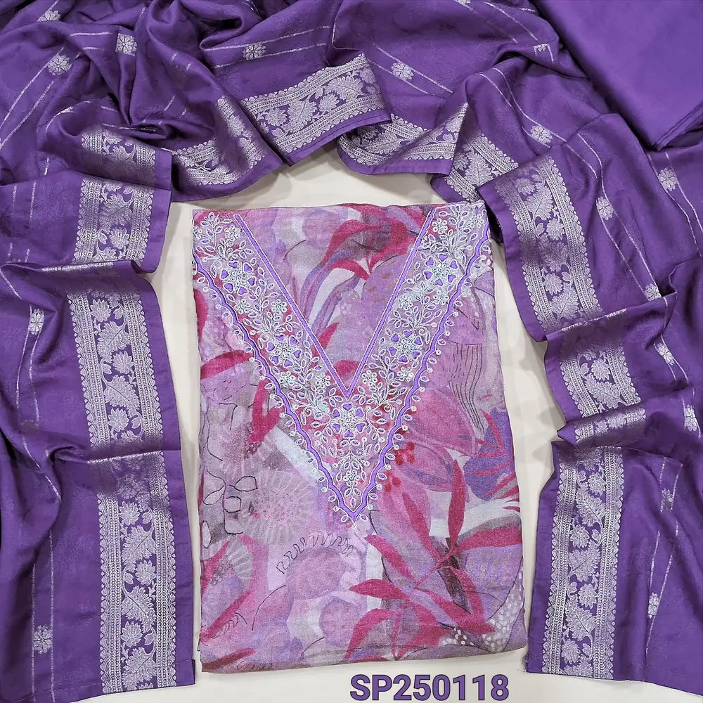 Pink &purple with golden tint tissue silk unstitched salwar material, v neck with thread &zari work(thin, lining needed)dark purple silky bottom, jakard soft silk cotton dupatta with zari weaving. CODE SP250118