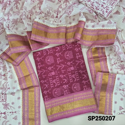 Dark pink warli printed pure soft cotton unstitched salwar material(lining needed)warli printed pure cotton bottom, warli printed pure cotton dupatta with zari woven borders. CODE SP250207