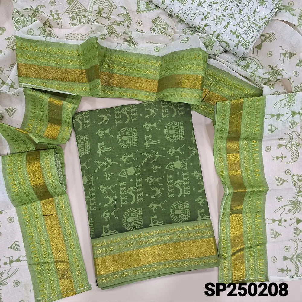 Green warli printed pure soft cotton unstitched salwar material(lining needed)warli printed pure cotton bottom, warli printed pure cotton dupatta with zari woven borders. CODE SP250208