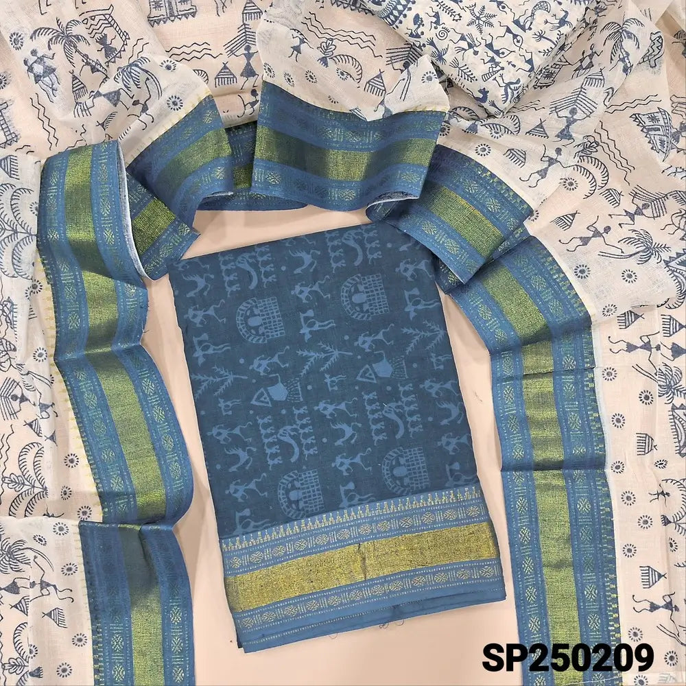 Dark blue warli printed pure soft cotton unstitched salwar material(lining needed)wari printed pure cotton bottom, warli printed pure cotton dupatta with zari woven borders. CODE SP250209