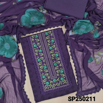 Bright purple schiffli embroidered cotton unstitched salwar material, embroidery& sequins work on yoke(lining needed)matching cotton bottom, brush painted fancy chiffon dupatta with lace tapings. CODE SP250211