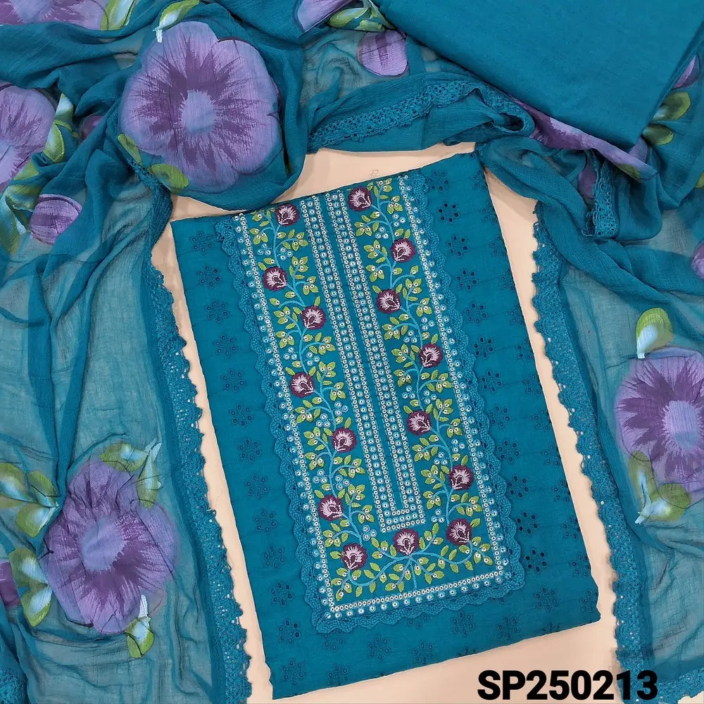 Teal blue schiffli embroidered cotton unstitched salwar material, embroidery& sequins work on yoke(lining needed)matching cotton bottom, brush painted fancy chiffon dupatta with lace tapings. CODE SP250213