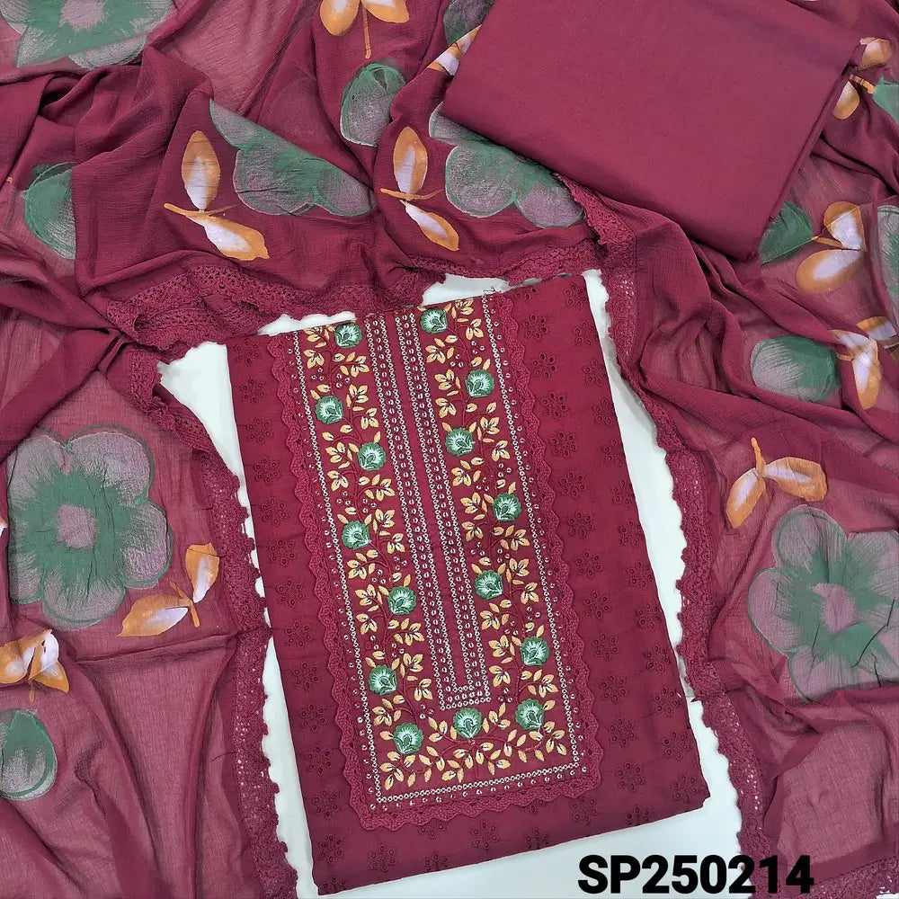 Reddish maroon schiffli embroidered cotton unstitched salwar material, embroidery& sequins work on yoke(lining needed)matching cotton bottom, brush painted fancy chiffon dupatta with lace tapings. CODE SP250214
