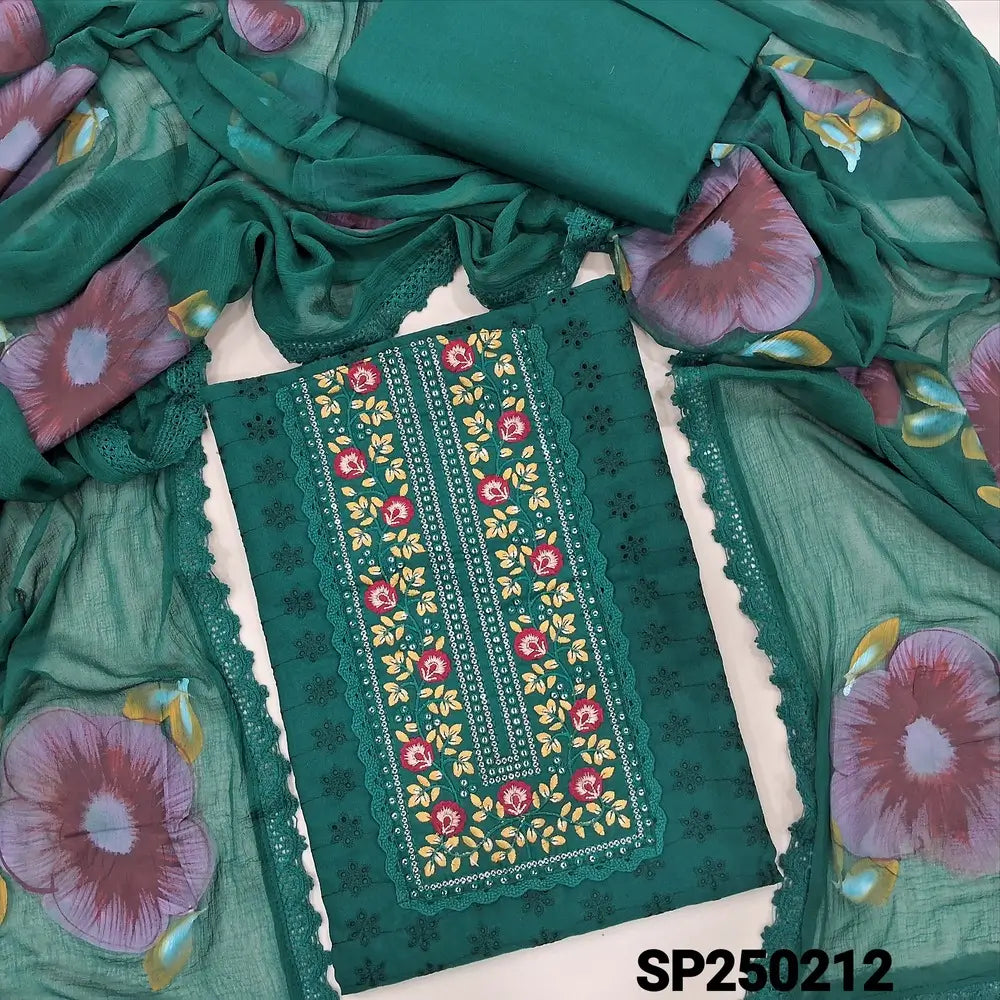 Bottle green schiffli embroidered cotton unstitched salwar material, embroidery& sequins work on yoke(lining needed)matching cotton bottom, brush painted fancy chiffon dupatta with lace tapings. CODE SP250212