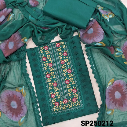 Bottle green schiffli embroidered cotton unstitched salwar material, embroidery& sequins work on yoke(lining needed)matching cotton bottom, brush painted fancy chiffon dupatta with lace tapings. CODE SP250212