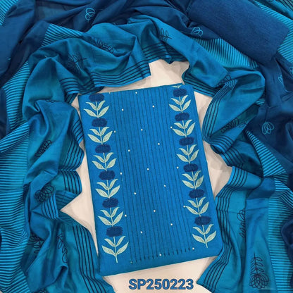Bright turquoise blue premium handloom cotton unstitched salwar material, embroidery& sequins work on yoke(lining needed)dark blue handloom cotton bottom, block printed dual shaded pure mul cotton dupatta. CODE SP250223