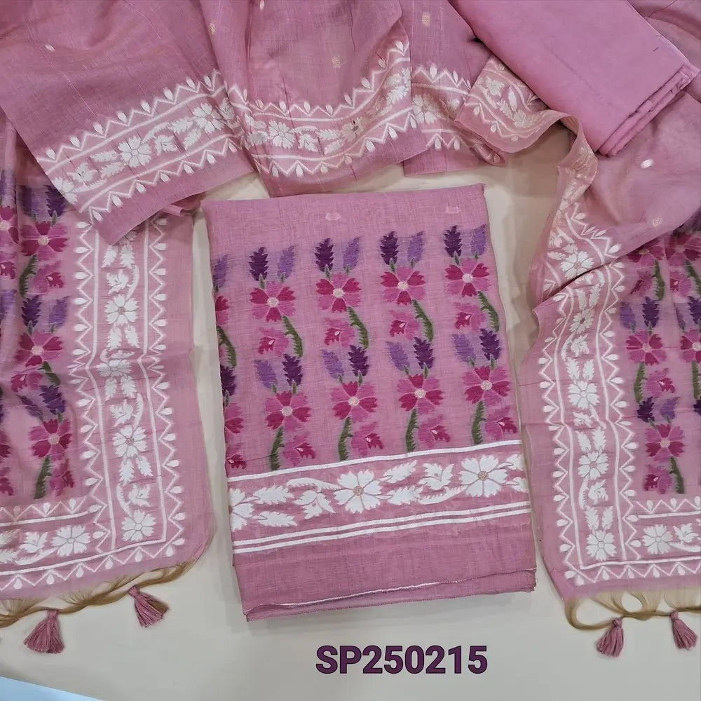 Pastel pink jamdani woven premium silk cotton unstitched salwar material(thin, lining needed)matching santoon bottom, jamdani woven premium silk cotton dupatta. CODE SP250215