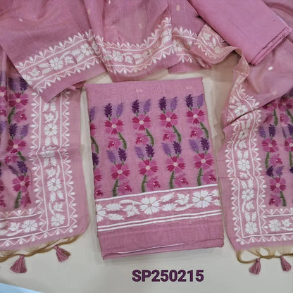 Pastel pink jamdani woven premium silk cotton unstitched salwar material(thin, lining needed)matching santoon bottom, jamdani woven premium silk cotton dupatta. CODE SP250215
