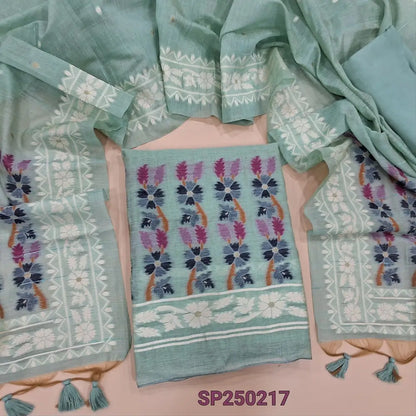 Pastel blue jamdani woven premium silk cotton unstitched salwar material(thin, lining needed)matching santoon bottom, jamdani woven premium silk cotton dupatta. CODE SP250217