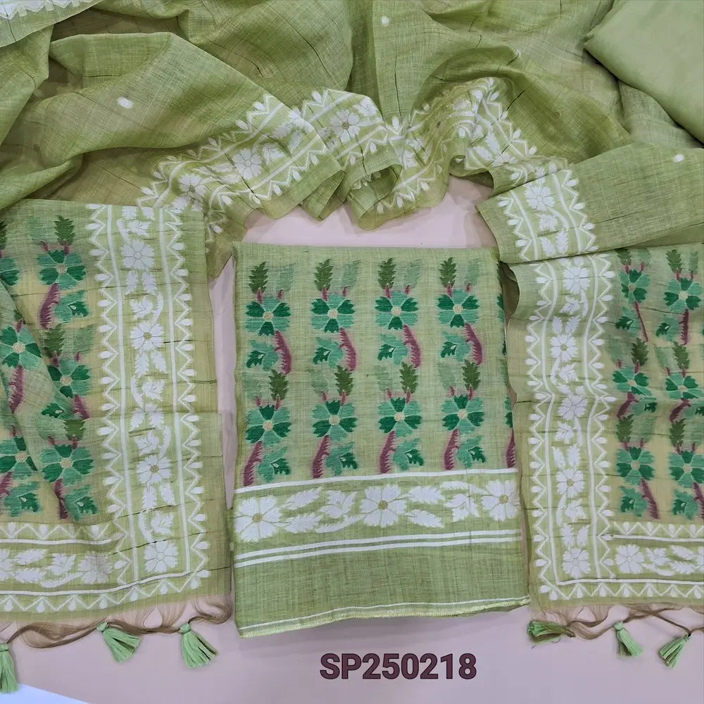 Pastel green jamdani woven premium silk cotton unstitched salwar material(thin, lining needed)matching santoon bottom, jamdani woven premium silk cotton dupatta. CODE SP250218