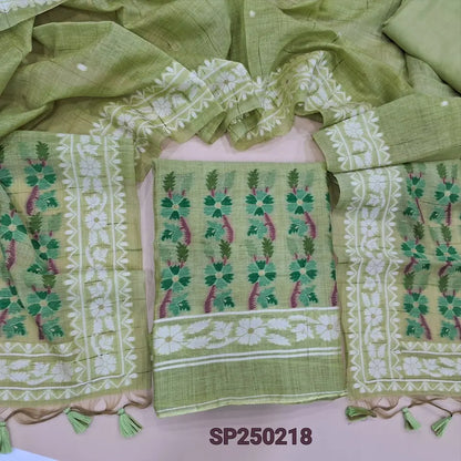 Pastel green jamdani woven premium silk cotton unstitched salwar material(thin, lining needed)matching santoon bottom, jamdani woven premium silk cotton dupatta. CODE SP250218