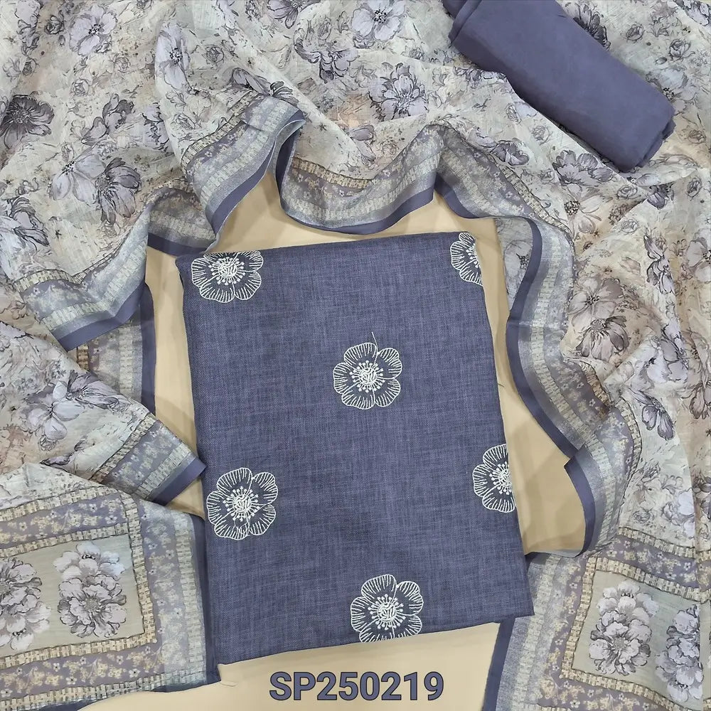 Light purple semi linen unstitched salwar material, embroidery on front(lining needed)matching santoon bottom, printed semi linen dupatta. CODE SP250219