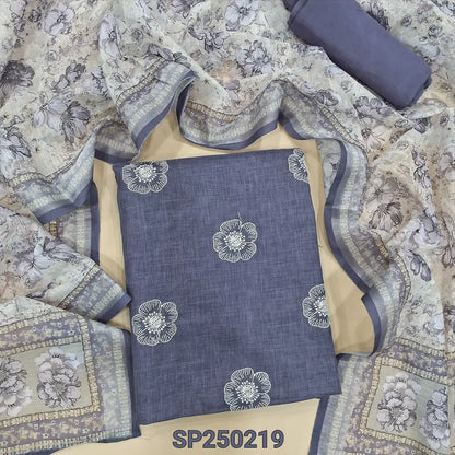 Light purple semi linen unstitched salwar material, embroidery on front(lining needed)matching santoon bottom, printed semi linen dupatta. CODE SP250219