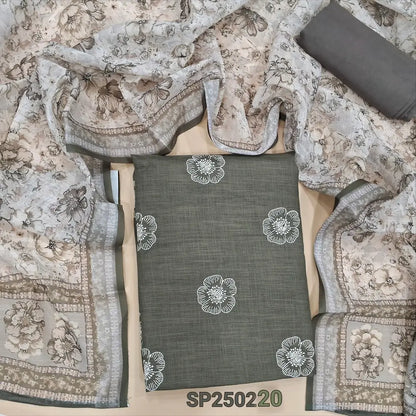 Dark grey semi linen unstitched salwar material, embroidery on front(lining needed)matching santoon bottom, printed semi linen dupatta. CODE SP250220