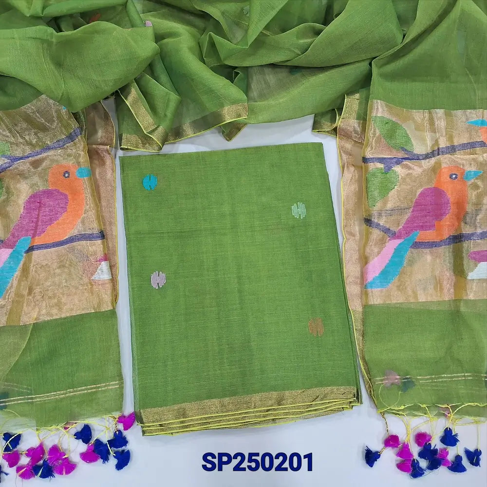 Light green muslin jamdani unstitched salwar material, hand woven design all over(thin, lining needed)hand woven muslin jamdani full length dupatta with rich paithani weaving pallu& hand made tassels. CODE SP250201