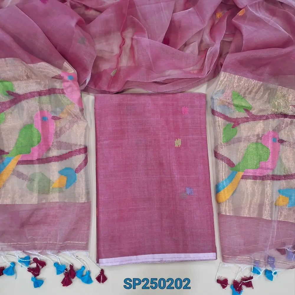 Lotus pink muslin jamdani unstitched salwar material, hand woven design all over(thin, lining needed)hand woven muslin jamdani full length dupatta with rich paithani weaving pallu& hand made tassels. CODE SP250202