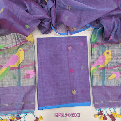 Purple &blue dual shaded muslin jamdani unstitched salwar material, hand woven design all over(thin, lining needed)hand woven muslin jamdani full length dupatta with rich paithani weaving pallu& hand made tassels. CODE SP250203