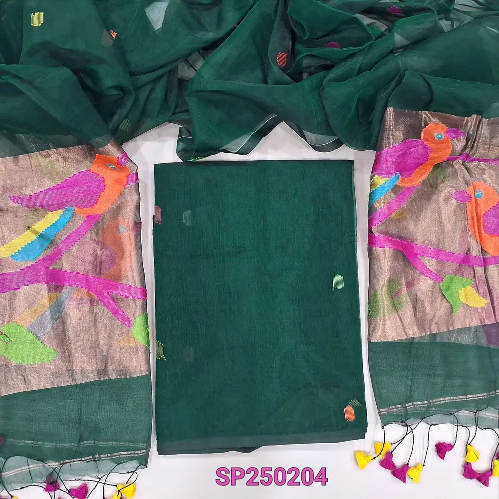 Bottle green muslin jamdani unstitched salwar material, hand woven design all over(thin, lining needed)hand woven muslin jamdani full length dupatta with rich paithani weaving pallu& hand made tassels. CODE SP250204