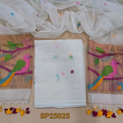 PREORDER: SHIPPING IN 1 WEEK Half white muslin jamdani unstitched salwar material, hand woven design all over(thin, lining needed)hand woven muslin jamdani full length dupatta with rich paithani weaving pallu& hand made tassels. CODE SP250205