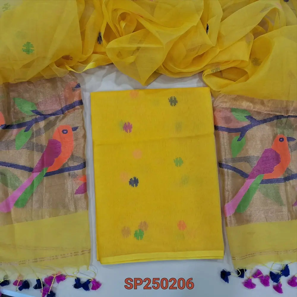Sunshine yellow muslin jamdani unstitched salwar material, hand woven design all over(thin, lining needed)hand woven muslin jamdani full length dupatta with rich paithani weaving pallu& hand made tassels. CODE SP250206