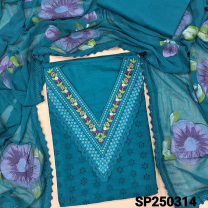 Light teal blue schiffli embroidered cotton unstitched salwar material, v neck with thread& sequins work(lining needed)matching cotton bottom, brush painted fancy chiffon dupatta with lace tapings. CODE SP250314