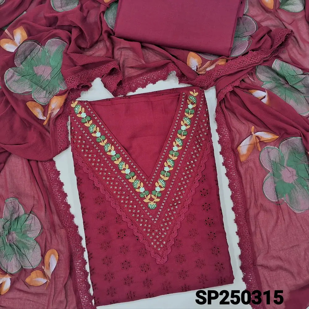 Dark maroon schiffli embroidered cotton unstitched salwar material, v neck with thread& sequins work(lining needed)matching cotton bottom, brush painted fancy chiffon dupatta with lace tapings. CODE SP250315