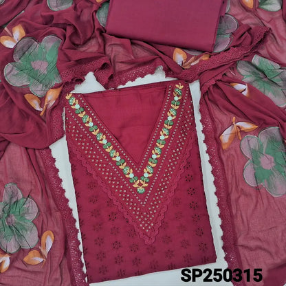 Dark maroon schiffli embroidered cotton unstitched salwar material, v neck with thread& sequins work(lining needed)matching cotton bottom, brush painted fancy chiffon dupatta with lace tapings. CODE SP250315