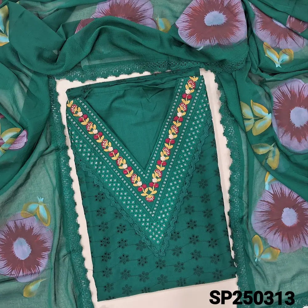 Dark green schiffli embroidered cotton unstitched salwar material, v neck with thread& sequins work(lining needed)matching cotton bottom, brush painted fancy chiffon dupatta with lace tapings. CODE SP250313