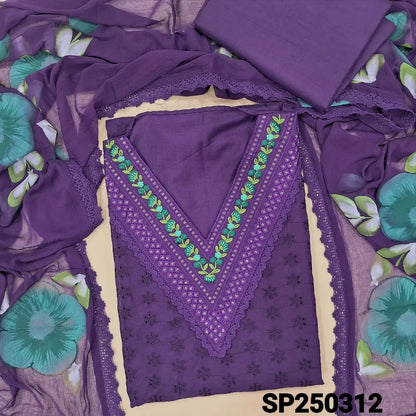 Bright purple schiffli embroidered cotton unstitched salwar material, v neck with thread& sequins work(lining needed)matching cotton bottom, brush painted fancy chiffon dupatta with lace tapings. CODE SP250312