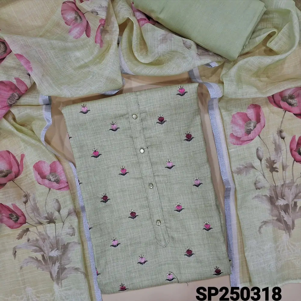 Pastel green semi linen unstitched salwar material, fancy buttons on yoke, embroidery& sequins work on front(lining optional)matching santoon bottom, floral printed semi linen dupatta. CODE SP250318