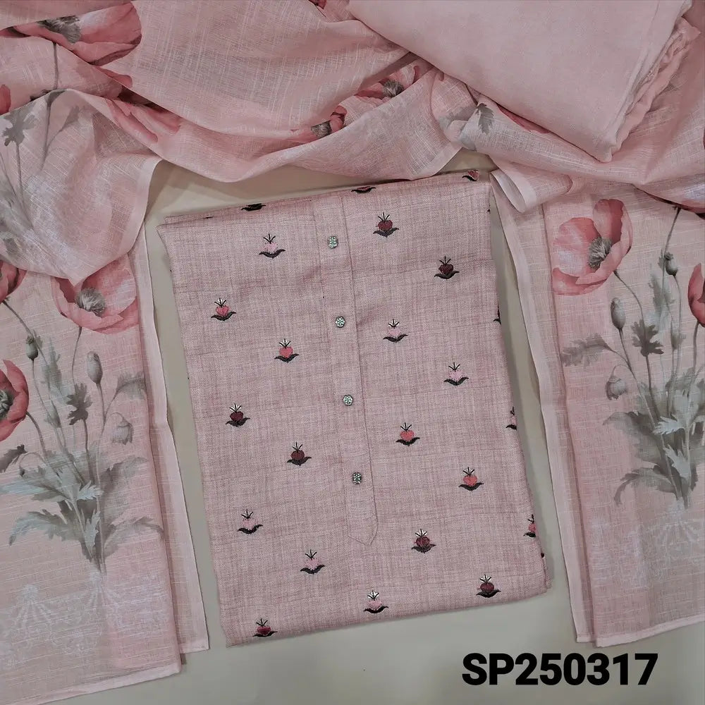 Pastel pink semi linen unstitched salwar material, fancy buttons on yoke, embroidery& sequins work on front(lining optional)matching santoon bottom, floral printed semi linen dupatta. CODE SP250317