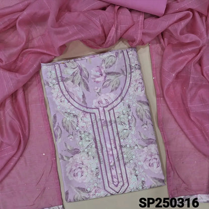 Lavender base floral printed cotton unstitched salwar material, embroidered on yoke(lining optional)pink cotton bottom, fancy silk cotton short width dupatta with sequins work& printed tapings. CODE SP250316