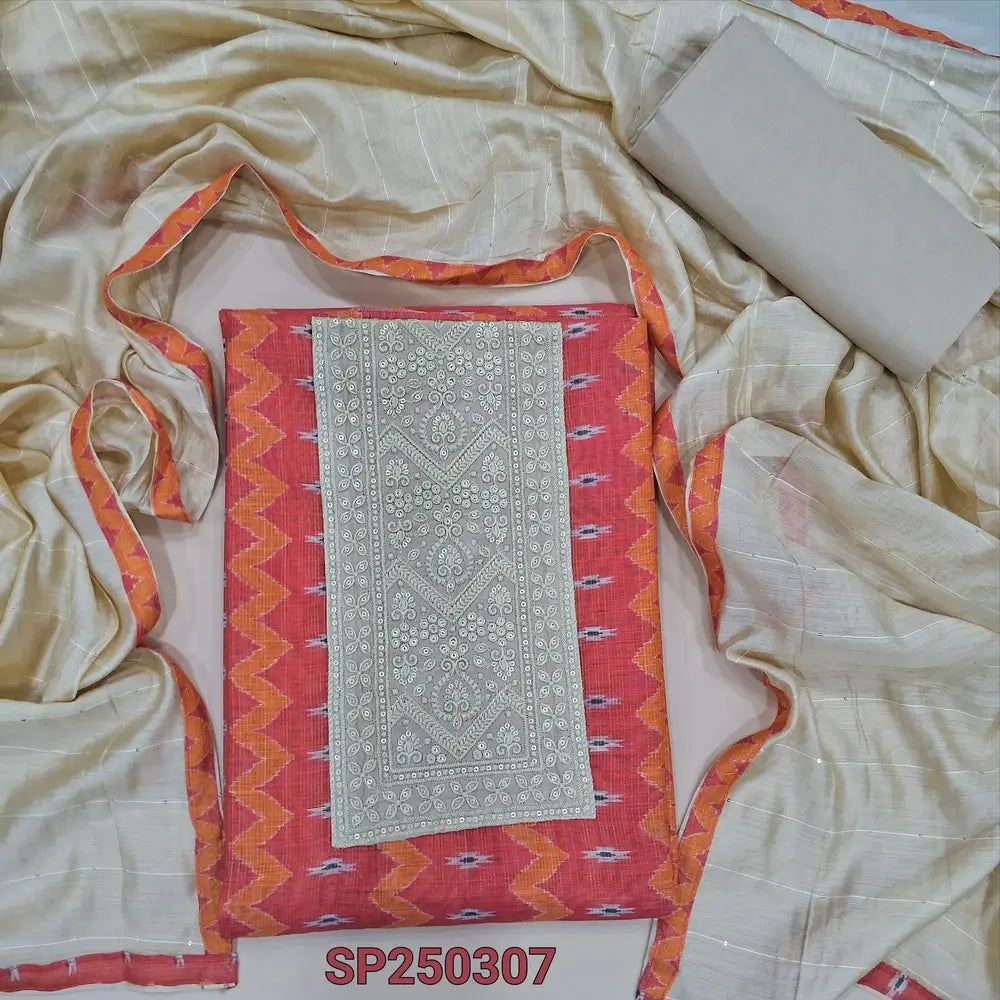 Dark peachish pink digital printed tissue silk cotton unstitched salwar material, embroidery& sequins work on yoke(thin, lining needed)beige cotton bottom fancy silk cotton dupatta with sequins work& printed tapings. CODE SP250307