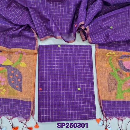 PREORDER: SHIPPING AFTER 1 WEEK Purple designer muslin jamdani unstitched salwar material, hand woven design& zari checks all over(thin, lining needed)NO BOTTOM, muslin jamdani full length dupatta with rich paithani weaning pallu. CODE SP250301