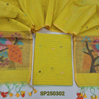 Yellowish green designer muslin jamdani unstitched salwar material, hand woven design& zari checks all over(thin, lining needed)NO BOTTOM, muslin jamdani full length dupatta with rich paithani weaving pallu. CODE SP250302