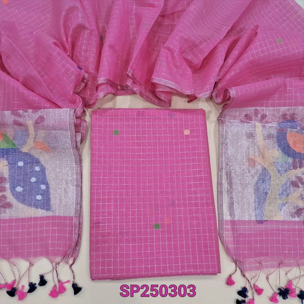Lotus pink designer muslin jamdani unstitched salwar material, hand woven design& zari checks all over(thin, lining needed)NO BOTTOM, muslin jamdani full length dupatta with rich paithani weaning pallu. CODE SP250303