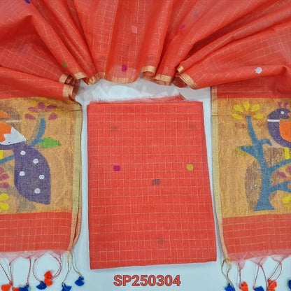 PREORDER: SHIPPING AFTER 1 WEEK Orange designer muslin jamdani unstitched salwar material, hand woven design& zari checks all over(thin, lining needed)NO BOTTOM, muslin jamdani full length dupatta with  rich paithani weaning pallu. CODE SP250304