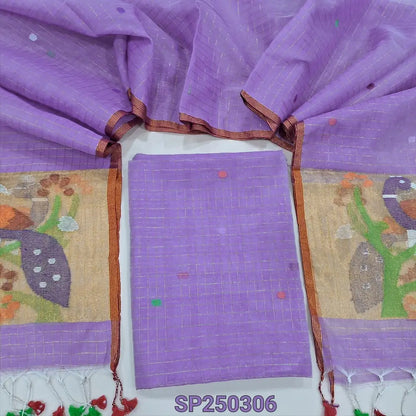 PREORDER: SHIPPING AFTER 1 WEEK Lavender designer muslin jamdani unstitched salwar material, hand woven design& zari checks all over(thin, lining needed)NO BOTTOM, muslin jamdani full length dupatta with rich paithani weaning pallu. CODE SP250306