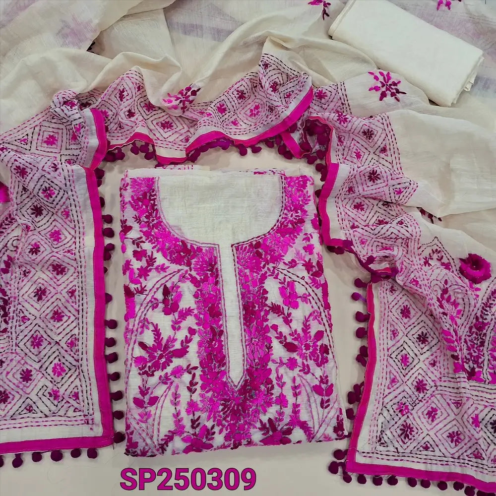 Light beige designer premium silk cotton unstitched salwar material, heavy hand embroidery on front(lining needed)matching santoon bottom, rich hand embroidered premium silk cotton dupatta with pompom tapings. CODE SP250309